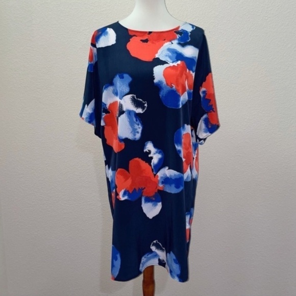Halston Mini dress Watercolor Watercolor Floral Print Flowy Navy red Boxy M - Picture 1 of 7